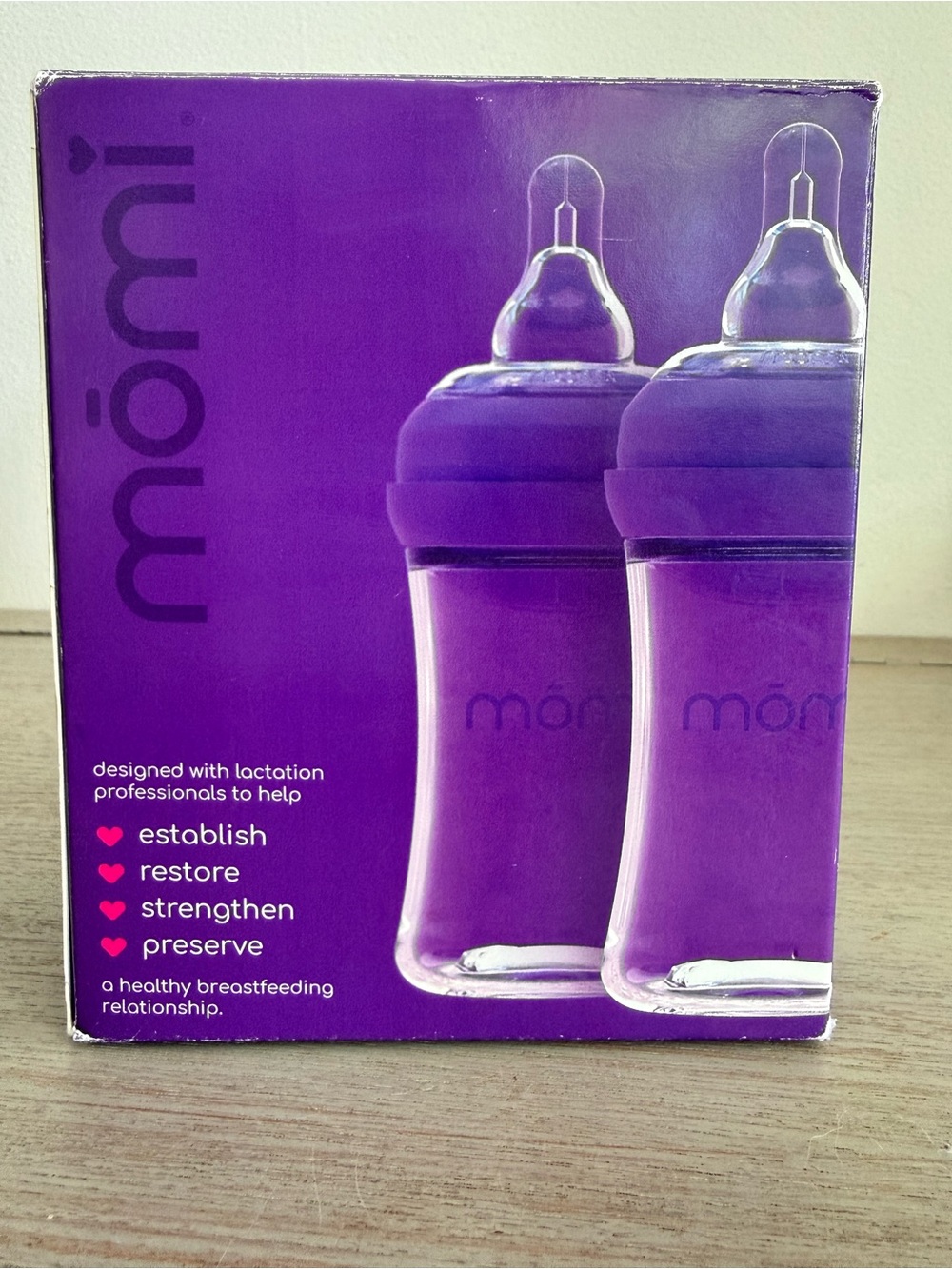 Momi 4oz Glass Baby Bottles 2-Pack Purple Level 2 Nipple Anti Colic New Open Box